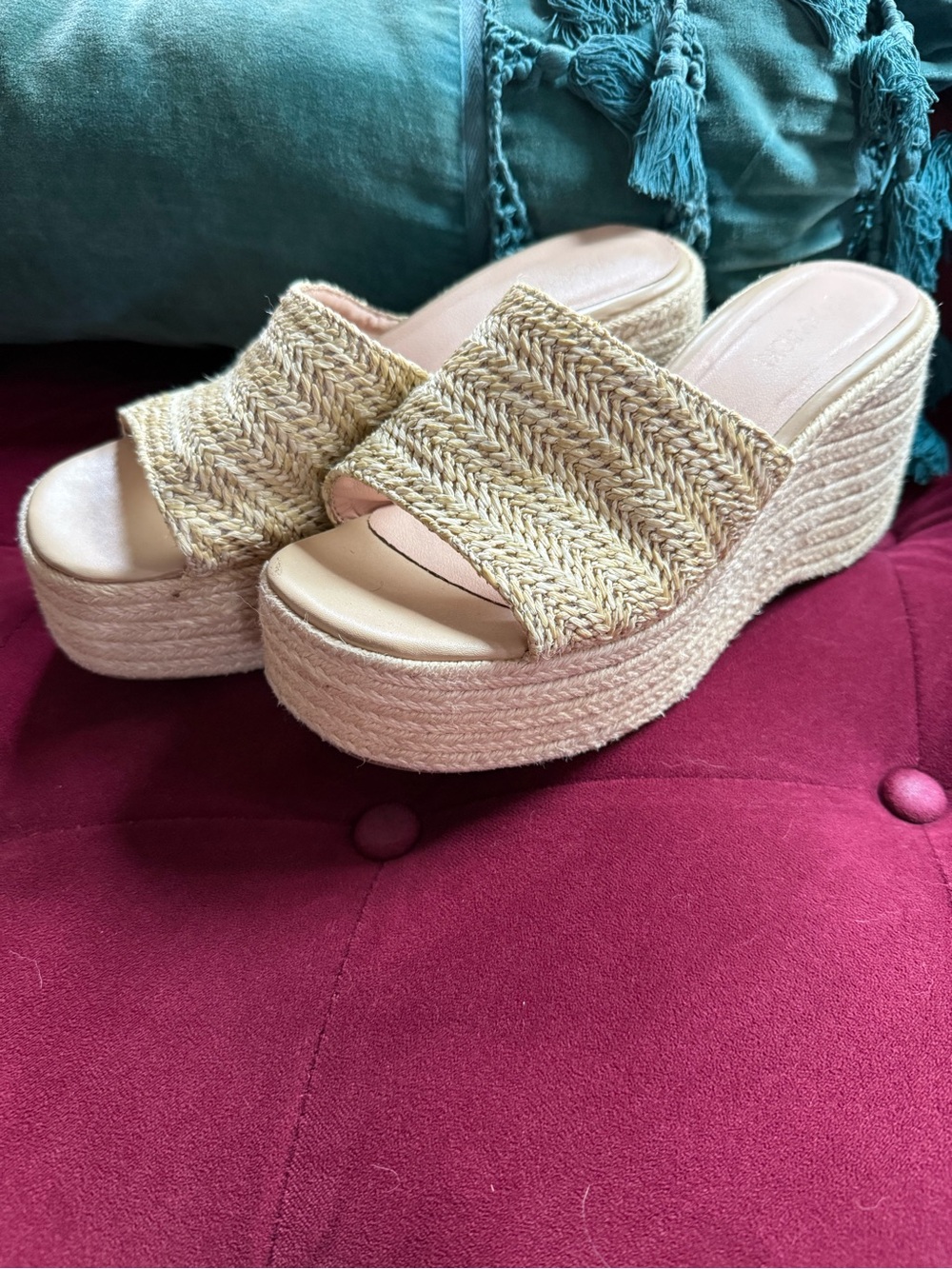 Vicki Vicki - Raffia Woven Espadrille Platform Slides - Neutral Beige -  Size 9